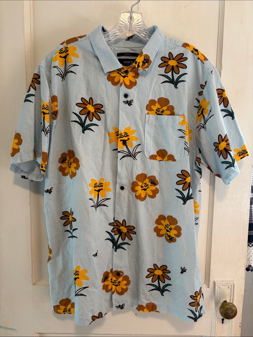 Roark Linen Blend Button up Shirt Short Sleeve Light Blue Flowers Bees Mens XL